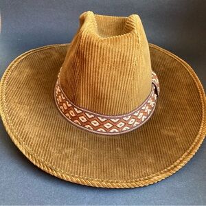 Vintage Camel Brown Corduroy Western Cowboy Hat w Patterned Hat Band